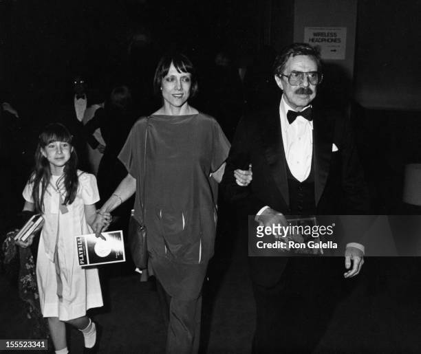 Producer David Merrick, wife Etan Aronson and daughter Cecilia Ann Merrick attend 37th Annual Tony Awards on June 5, 1983 at the Uris Theater in New...