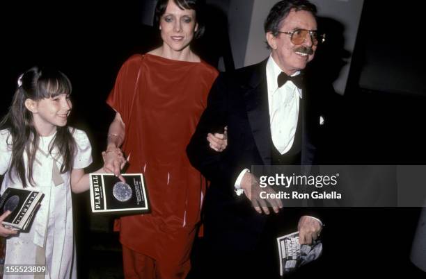 Producer David Merrick, wife Etan Aronson, and his daughter Celia Merrick attend the 37th Annual Tony Awards on June 5, 1983 at Uris Theatre in New...