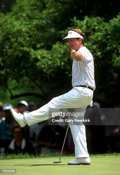 Tom Watson of the USA celebrates after holing his putt during the US Open at the Oakmont Golf Club in Pennsylvania, USA. \ Mandatory Credit: Gary...