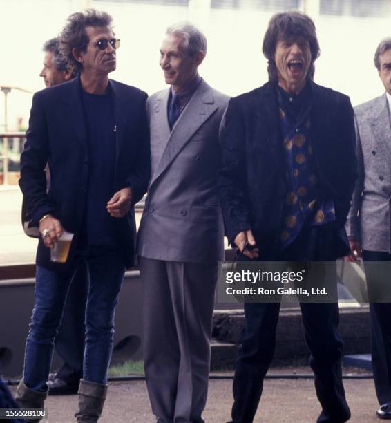 Musicians Keith Richards, Charlie Watts and Mick Jagger attend the press conference for Rolling Stones Voodoo Lounge Tour on May 3, 1994 at Pier 60...