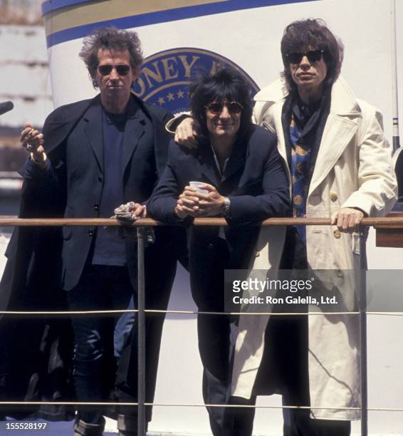 Musicians Keith Richards, Ron Wood and Mick Jagger attend the press conference for Rolling Stones Voodoo Lounge Tour on May 3, 1994 at Pier 60 in New...
