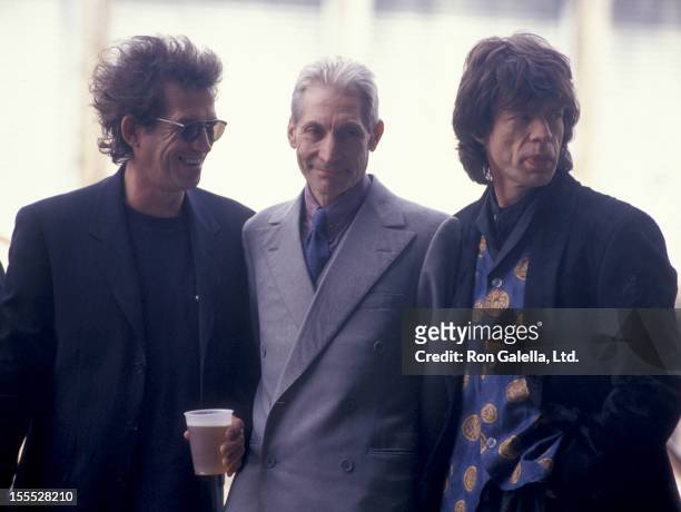Musicians Keith Richards, Charlie Watts and Mick Jagger attend the press conference for Rolling Stones Voodoo Lounge Tour on May 3, 1994 at Pier 60...