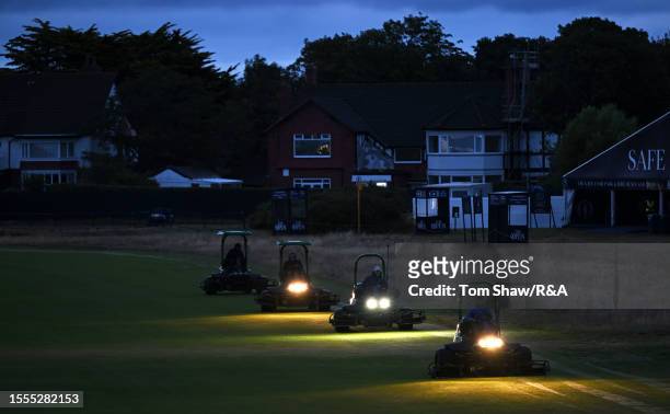 Grounds Staff drive lawnmowers on the 3rd hole ahead of a practice round prior to The 151st Open at Royal Liverpool Golf Club on July 19, 2023 in...