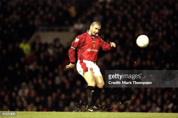 Eric Cantona of Manchester United shoots to score during an FA Carling Premiership match against Sunderland at Old Trafford in Manchester, England....