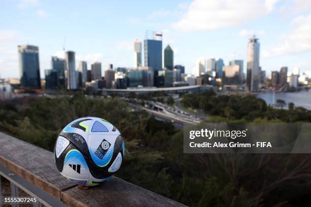 The official adidas match ball is pictured in front of the skyline ahead of the FIFA World Cup Australia & New Zealand 2023 at on July 19, 2023 in...