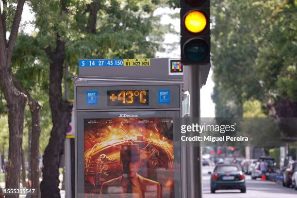 Digital thermometer reads 43 degrees Celsius on Paseo de la Castellana on July 18, 2023 in Madrid, Spain. An area of high pressure, named Cerberus...