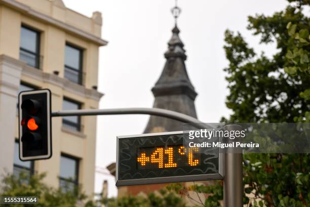 Digital thermometer reads 41 degrees Celsius on a very hot afternoon on July 18, 2023 in Madrid, Spain. An area of high pressure, named Cerberus...