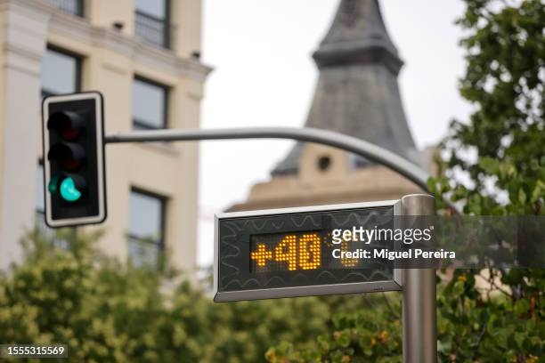 Digital thermometer reads 40 degrees Celsius on a very hot afternoon on July 18, 2023 in Madrid, Spain. An area of high pressure, named Cerberus...