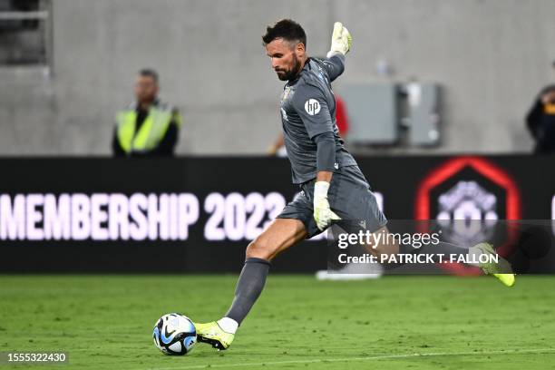 Wrexham's English goalkeeper Ben Foster kicks the ball during a pre-season friendly football match between Manchester United and Wrexham at...