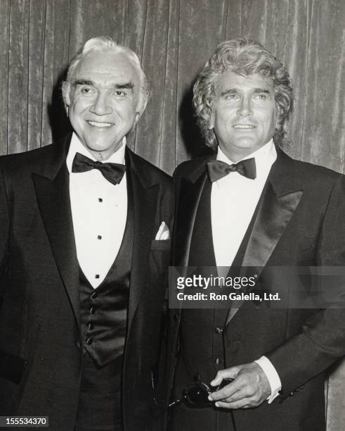Actors Lorne Greene and Michael Landon attend 35th Annual Primetime Emmy Awards on September 25, 1983 at the Pasadena Civic Auditorium in Pasadena,...