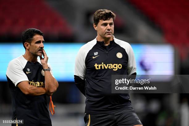 Assistant Head Coach Jesus Perez and Mauricio Pochettino of Chelsea during a training session at Mercedes-Benz Stadium on July 25, 2023 in Atlanta,...