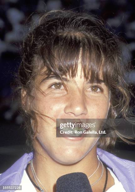 Athlete Jennifer Capriati plays in the 1992 U.S. Open Tennis on September 2, 1992 at Flushing Meadows Park in Queens, New York.