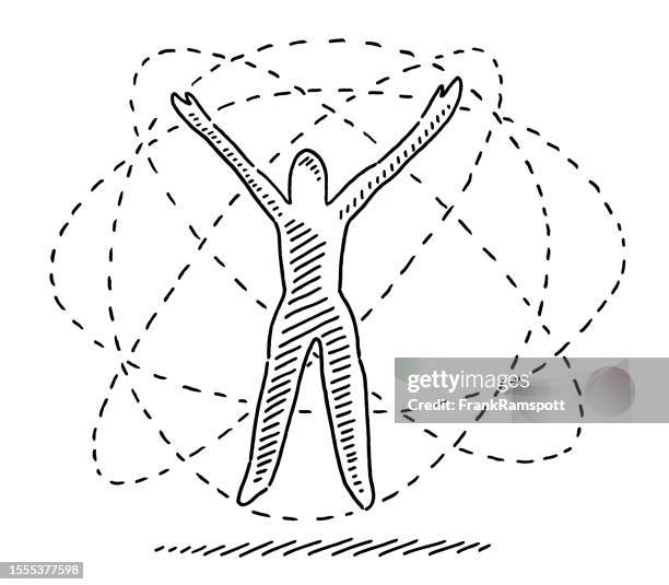 ilustrações de stock, clip art, desenhos animados e ícones de transcendence woman raised arms drawing - linha pontilhada