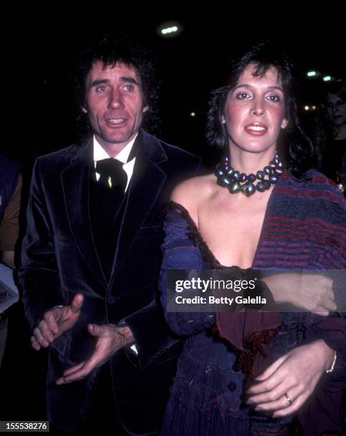 Actor Jim Dale and Julia Schafler attend the opening party for Barnum on February 14, 1982 at the Brown Derby in Hollywood, California.