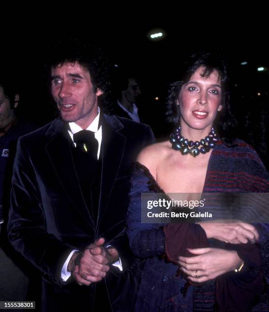 Actor Jim Dale and Julia Schafler attend the opening party for Barnum on February 14, 1982 at the Brown Derby in Hollywood, California.