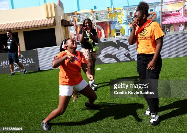 Boys and Girls club members play games with Aston Villa players and coaches at Universal Studios on July 25, 2023 in Orlando, Florida.