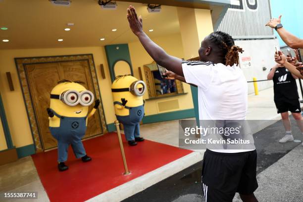 Fulham players take photos and interact with Minions at Universal Studios on July 25, 2023 in Orlando, Florida.