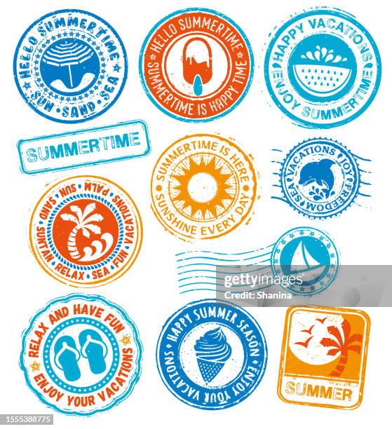 summertime rubber stamps set - postage stamp stock illustrations