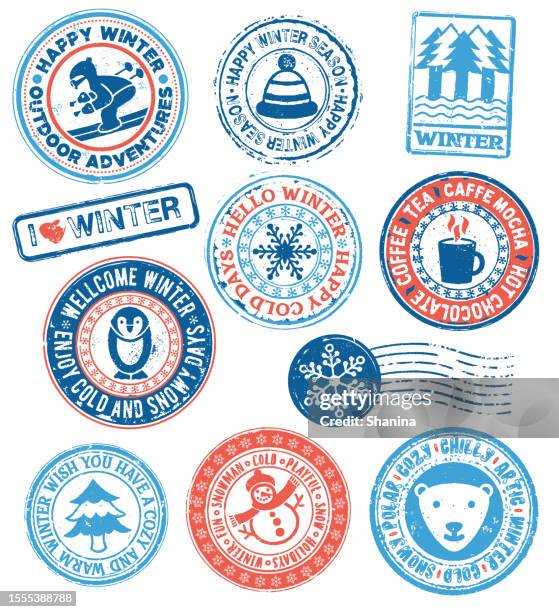 winter season rubber stamps set - skiing stock illustrations