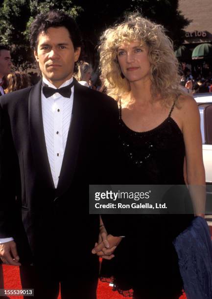 Actor A Martinez and wife Leslie Bryans attend the 44th Annual Primetime Emmy Awards on August 30, 1992 at Pasadena Civic Auditorium in Pasadena,...