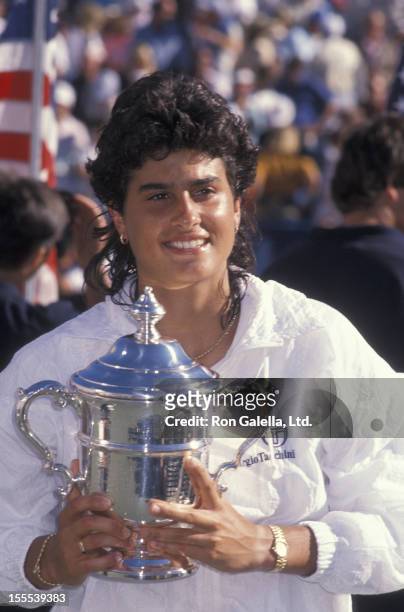 Athlete Gabriela Sabatini attends U.S. Open Women's Tennis Finals on September 8, 1990 at Flushing Meadows Park in New York City.