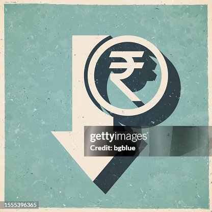 Indian rupee decrease. Icon in retro vintage style - Old textured paper Indian rupee decrease. Icon in retro vintage style - Old textured paper