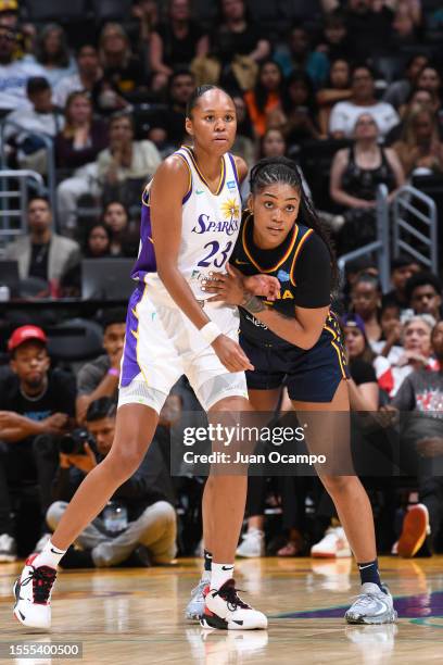 Azura Stevens of the Los Angeles Sparks and Amanda Zahul B of the Indiana Fever look on during the game on July 25, 2023 at Crypto.com Arena in Los...