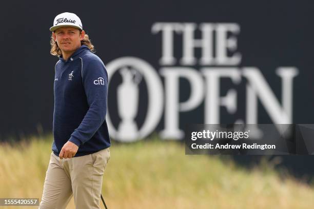 Cameron Smith of Australia looks on from the 18th hole during a practice round prior to The 151st Open at Royal Liverpool Golf Club on July 19, 2023...
