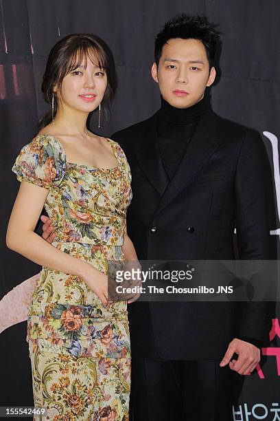 Yoon Eun-Hye and Park Yoo-Chun attend the MBC Drama 'Missing You' Press Conference at lotte hotel on November 1, 2012 in Seoul, South Korea.