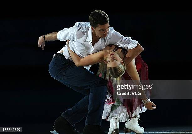 Ice dance silver medalists Ekaterina Bobrova and Dmitri Soloviev of Russia perform during the Cup of China ISU Grand Prix of Figure Skating 2012 at...