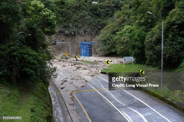 The entrance of the Naranjal toll booth area between Bogota and Villavicencio is seen filled with land debris after a landslide caused by heavy rains...