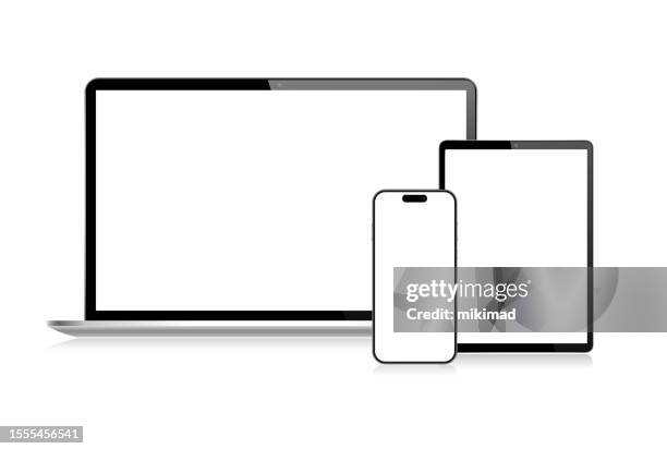 realistic vector mockup digital tablet, mobile phone, smart phone and laptop. modern digital devices. eps 10. - laptop and iphone mockup stock illustrations
