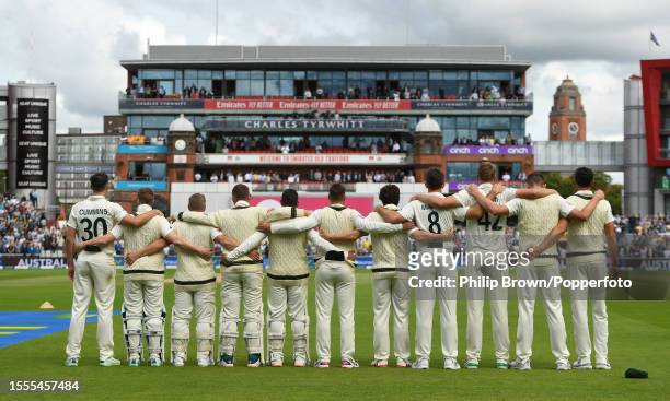Pat Cummins and the Australia team line up for the anthems before the first day of the 4th Test between England and Australia at Emirates Old...