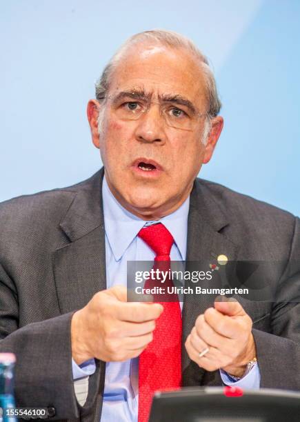 Angel Gurria, secretary general of the OECD - Organisation for Economic Cooperation and Development, during the press conference in the federal...