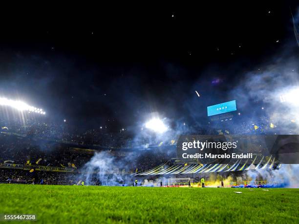 Fans of Boca Juniors cheer for their team prior a Liga Profesional 2023 match between Boca Juniors and Newell's Old Boys at Estadio Alberto J....