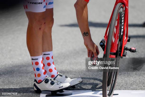 Detail view of Giulio Ciccone of Italy and Team Lidl-Trek - Polka Dot Mountain Jersey prior to the stage seventeen of the 110th Tour de France 2023 a...