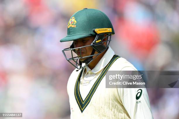 Usman Khawaja of Australia walks off after being dismissed by Stuart Broad of England during Day One of the LV= Insurance Ashes 4th Test Match...