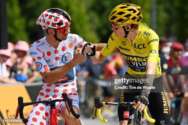 Giulio Ciccone of Italy and Team Lidl-Trek - Polka Dot Mountain Jersey and Jonas Vingegaard of Denmark and Team Jumbo-Visma - Yellow Leader Jersey...