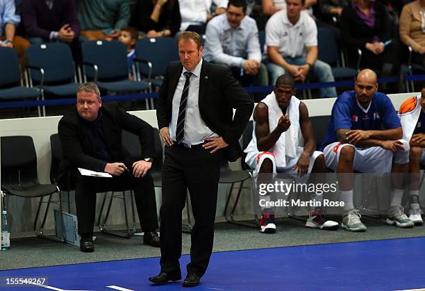 Douglas Spradley, head coach of Bremerhaven looks on during the Beko BBL basketball match between Eisbaeren Bremerhaven and Nackar RIESEN Ludwigsburg...