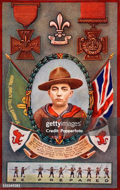 Vintage colour illustration, published in London, of Boy Scout Jack Cornwell who was posthumously awarded the Victoria Cross and the Scouts Bronze...