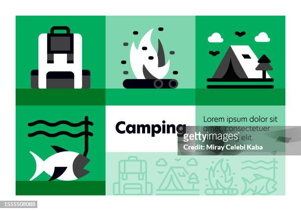 camping line icon set and banner design. - green lighter stock illustrations