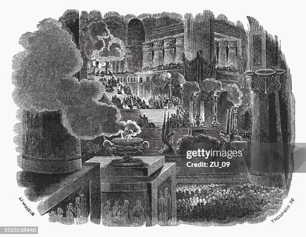 stockillustraties, clipart, cartoons en iconen met dedication of solomon's temple (1 kings 8), woodcut, published 1835 - ark of the covenant