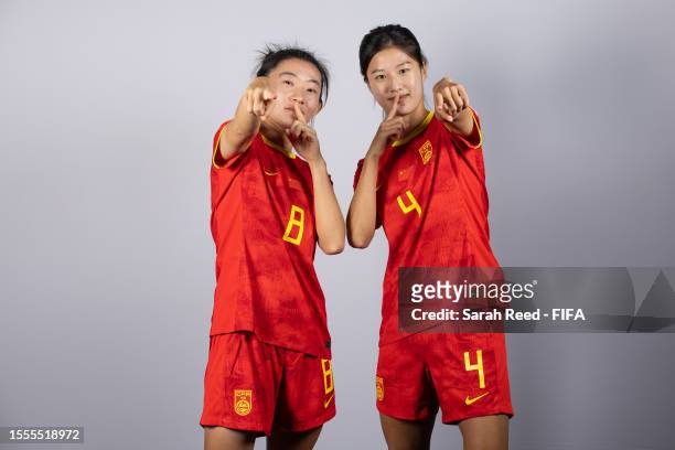 Yao Wei and Wang Linlin of China PR pose during the official FIFA Women's World Cup Australia & New Zealand 2023 portrait session on July 18, 2023 in...