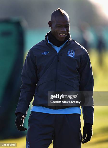 Mario Balotelli of Manchester City looks on during a training session at the Carrington Training Ground on November 5, 2012 in Manchester, England.