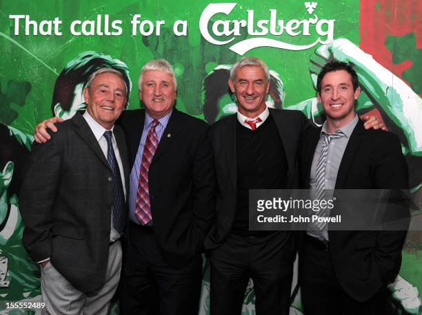 Former Liverpool number 9's Ian St John, David Johnson, Ian Rush and Robbie Fowler pose prior to the Barclays Premier League match between Liverpool...