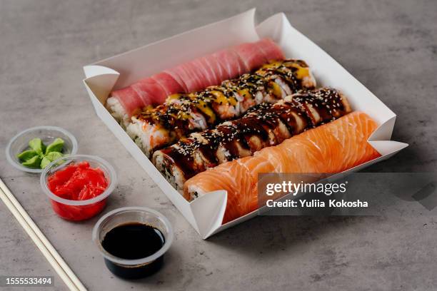 sushi home delivery, close up - wasabi stock pictures, royalty-free photos & images