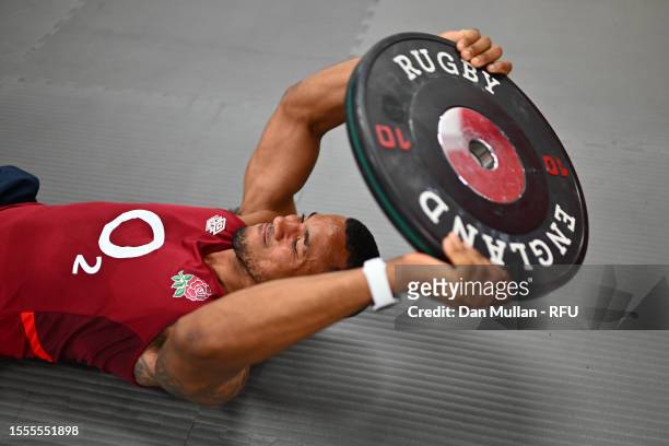 Anthony Watson of England exercises during a gym session at Pennyhill Park on July 18, 2023 in Bagshot, England.