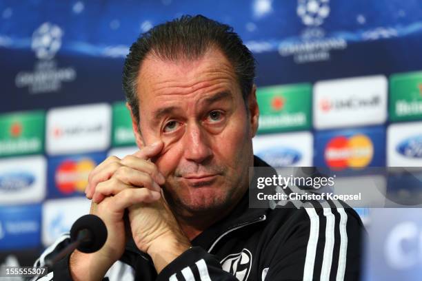 Head coach Huub Stevens of FC Schalke 04 attends the press conference at the Veltins Arena ahead of the UEFA Champions League group B match between...