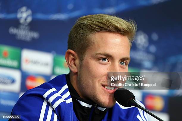 Lewis Holtby of FC Schalke 04 attends the press conference at the Veltins Arena ahead of the UEFA Champions League group B match between FC Schalke...