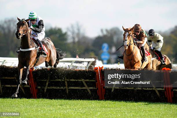 Andrew Tinkler riding Golden Hoof clear the last to win The Weatherbys NH Season Betting Guide Novices' Hurdle Race at Kempton racecourse on November...